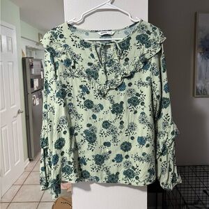 Sonoma Green Floral Blouse with Ruffle Detail